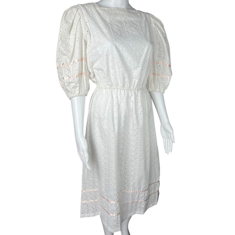 1970s Seneca White Eyelet Floral Lace Prairie Midi Dress Puff Sleeves Ribbon Sm